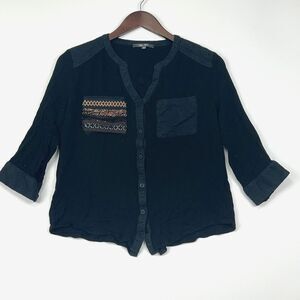 Miss Me Beaded Top Size S Embellished Black Pocket 100% Rayon Button Bohemian